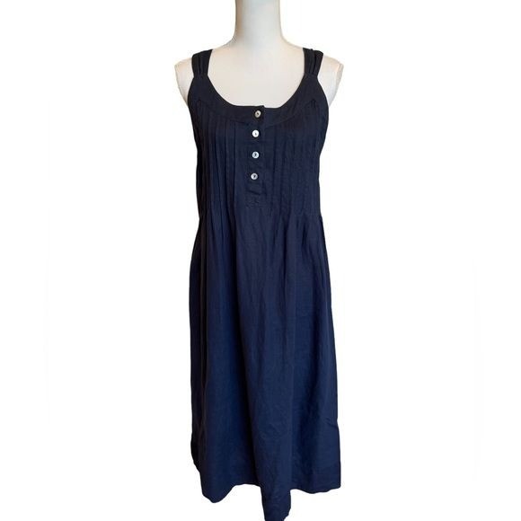 Malvin I Love Linen Dress Navy Blue Size 12 XL Tie Back Lagenlook Cottagecore