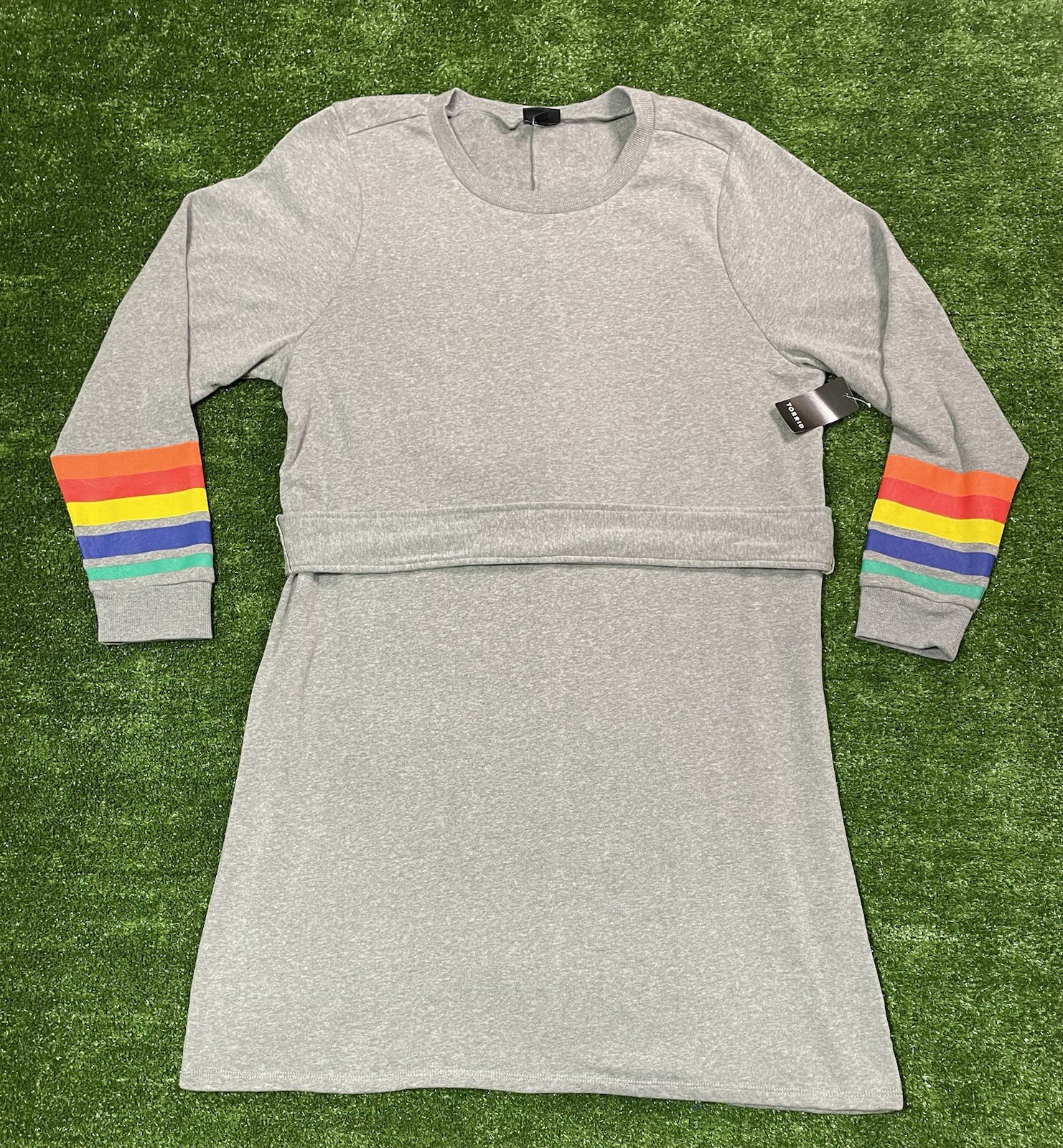 NEW WITH TAGS Torrid Gray Sweater Dress with Rainbow Sleeves And Rope Belt 2X