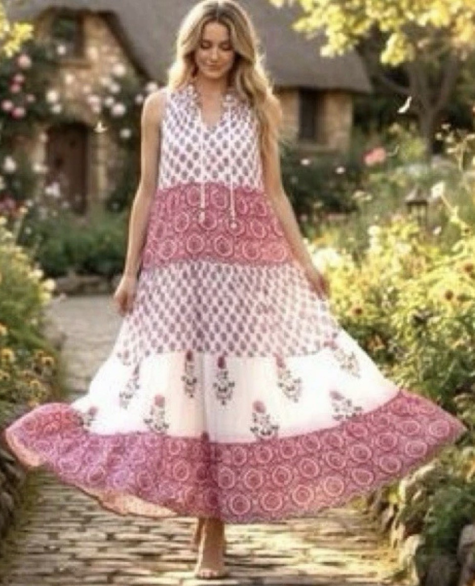 Chelsea & Theodore Boho Pink Maxi Dress Women’s XL Sleevless Tiered Mixed Prints