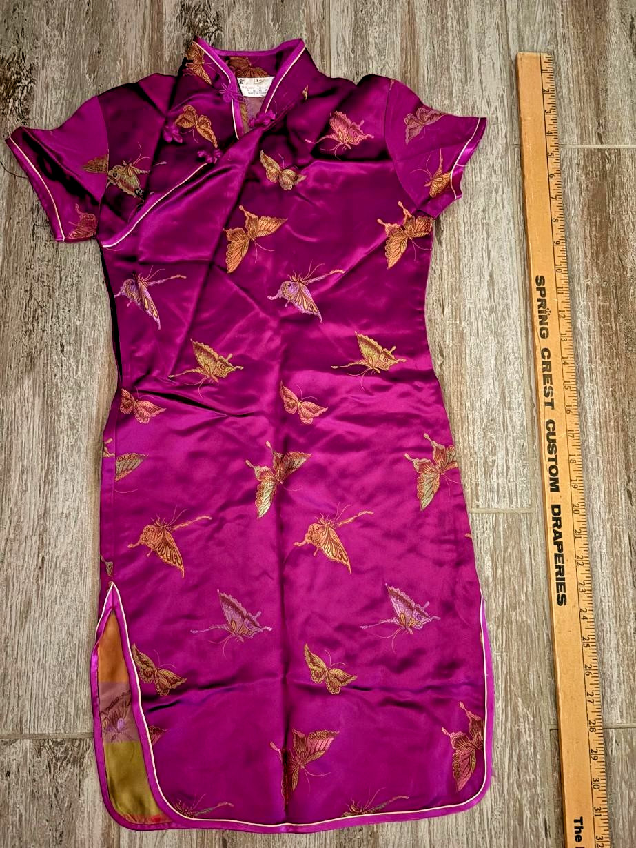 VINTAGE Golden Dragon Satin Dress China Size 10 Oriental Pink Butterflies