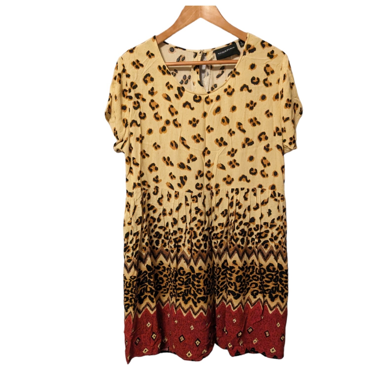 MinkPink Wild Things Mini Leopard Cheetah Boho Babydoll Dress Sz L