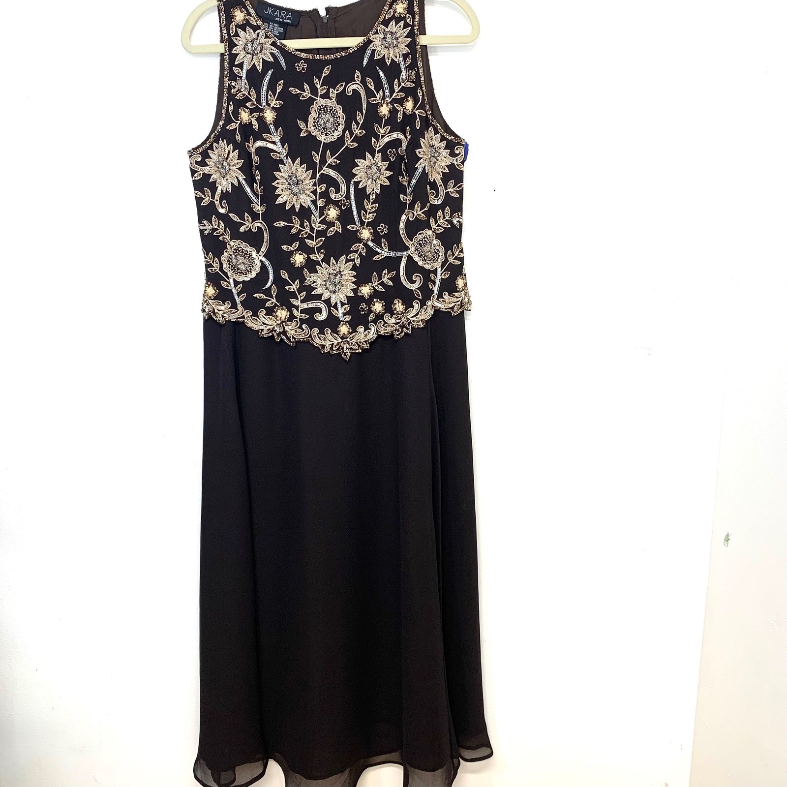 JKara NY Beaded Chiffon Maxi Gown Chocolate Brown 10 Petite Flowy Formal Event