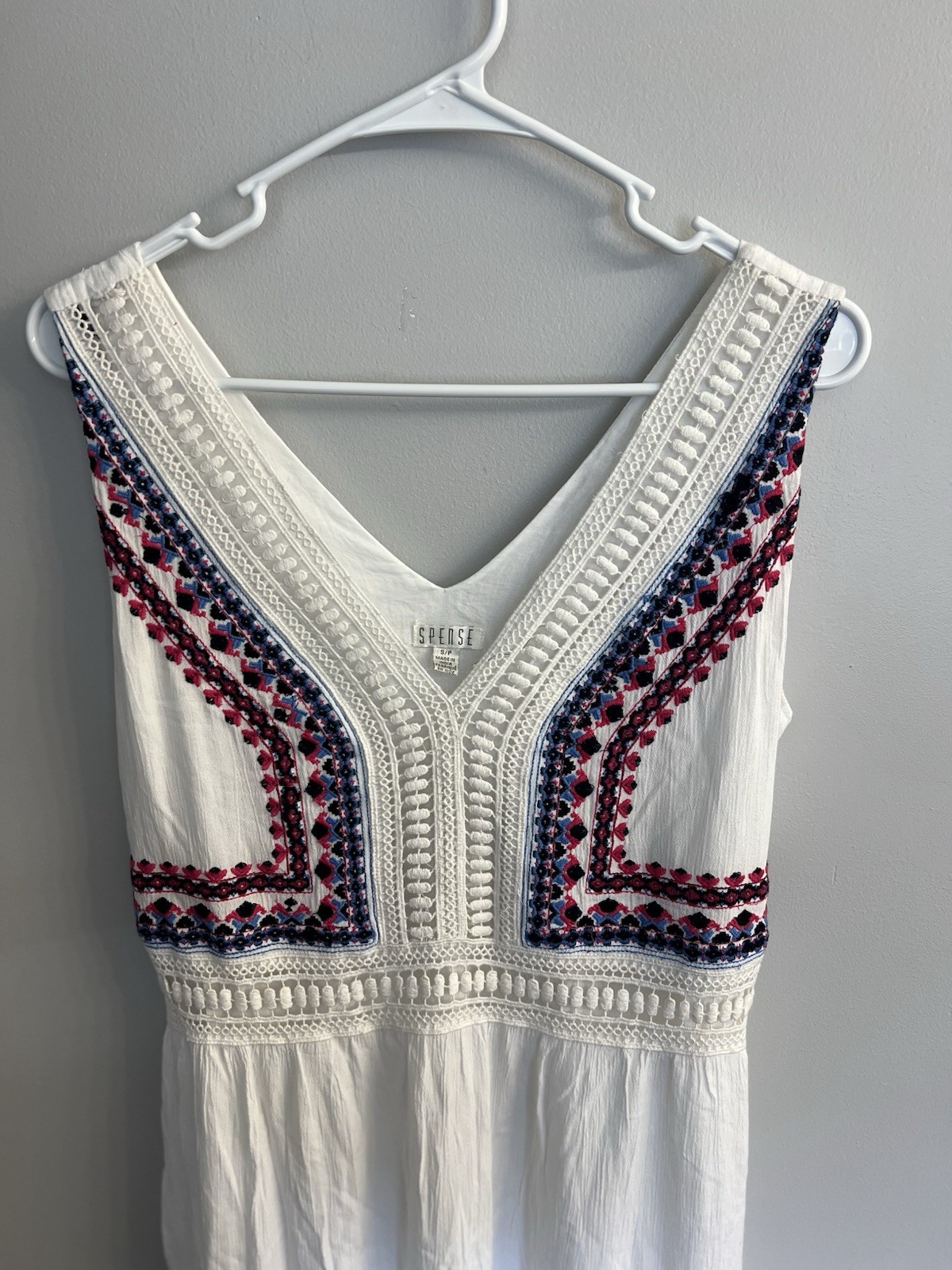 Spence Sleeveless Red/White/Blue Embroidered Crinkle Maxi Dress Size S Boho Chic