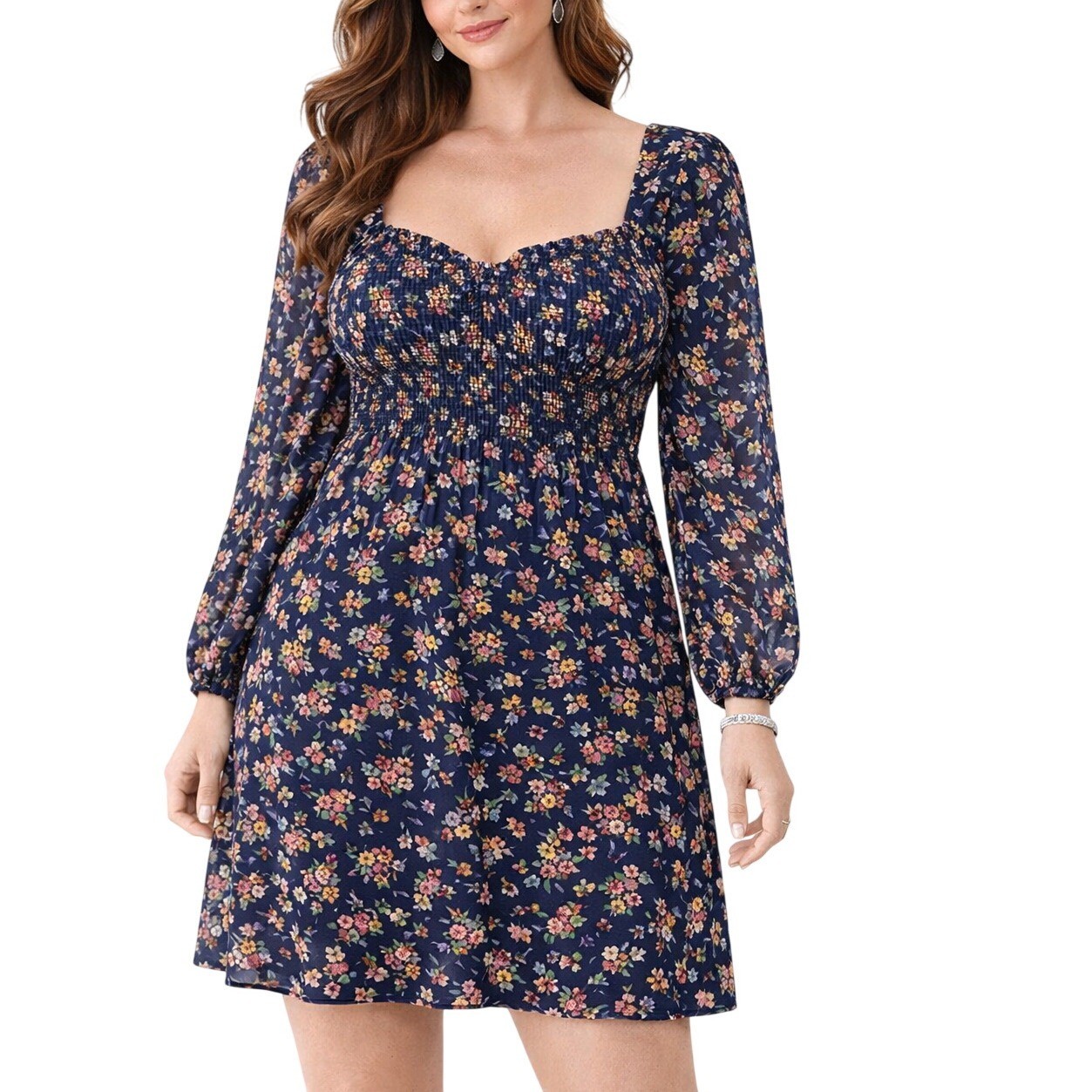 Lily Rose Mini Dress M Navy Blue Floral Smocked Sweetheart Neckline Long Sleeve