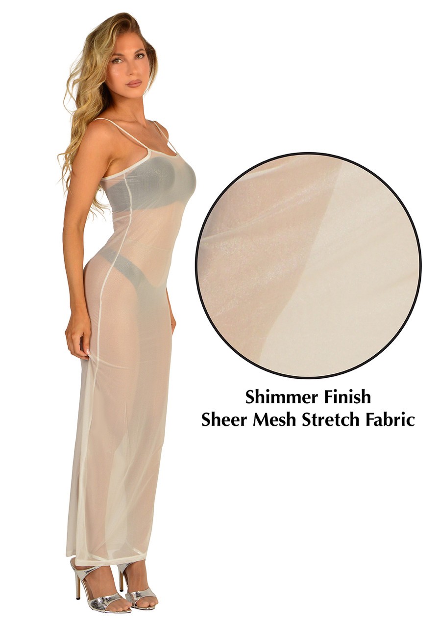 Ianthe – Shimmer Cami Strap Long Dress in Sheer Stretch Mesh Fabric