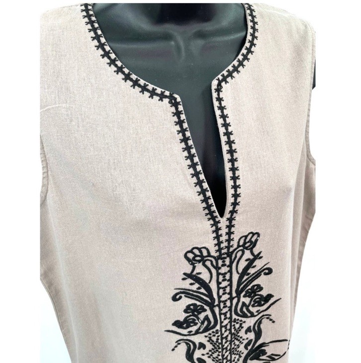 Cynthia Sleeveless Linen Shift Dress Beige/Black Embroidery sz. L/XL NWOT $ 145