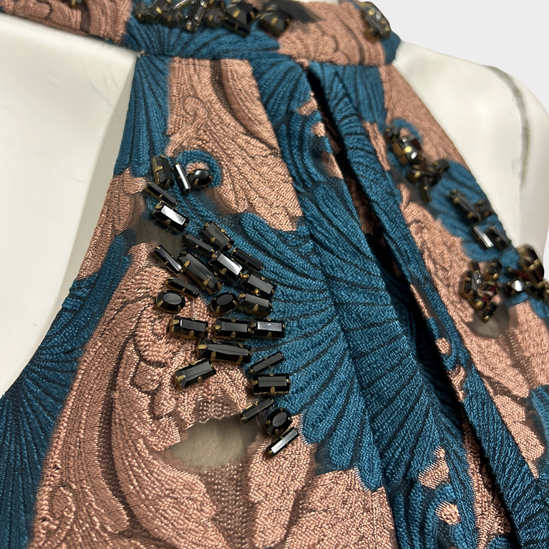 Emilia Wickstead Fall 2016 Teal And Copper Jacquard Print Dress with Black Sequi