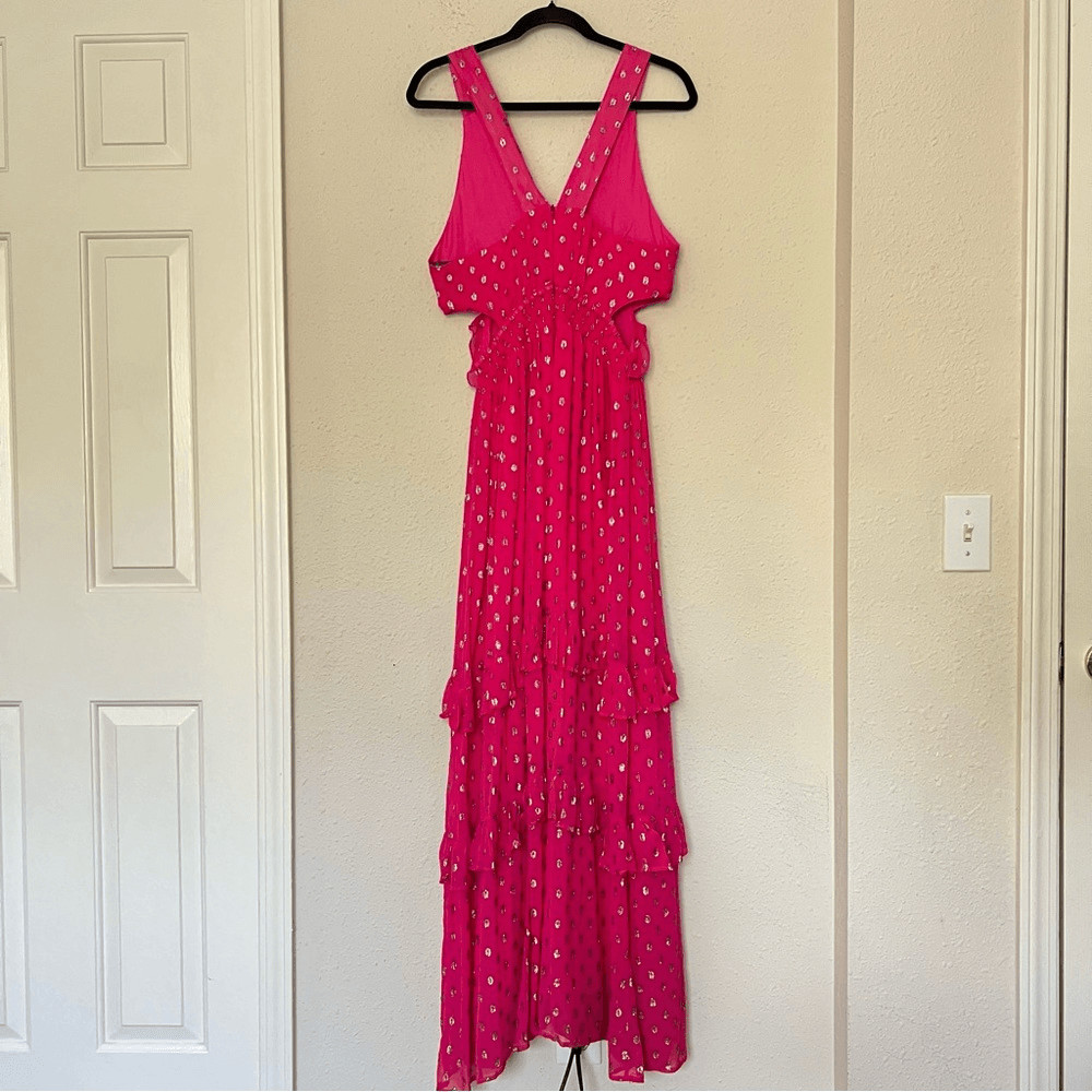 En Creme Pink Metallic Ruffled Maxi Dress Size Medium NEW