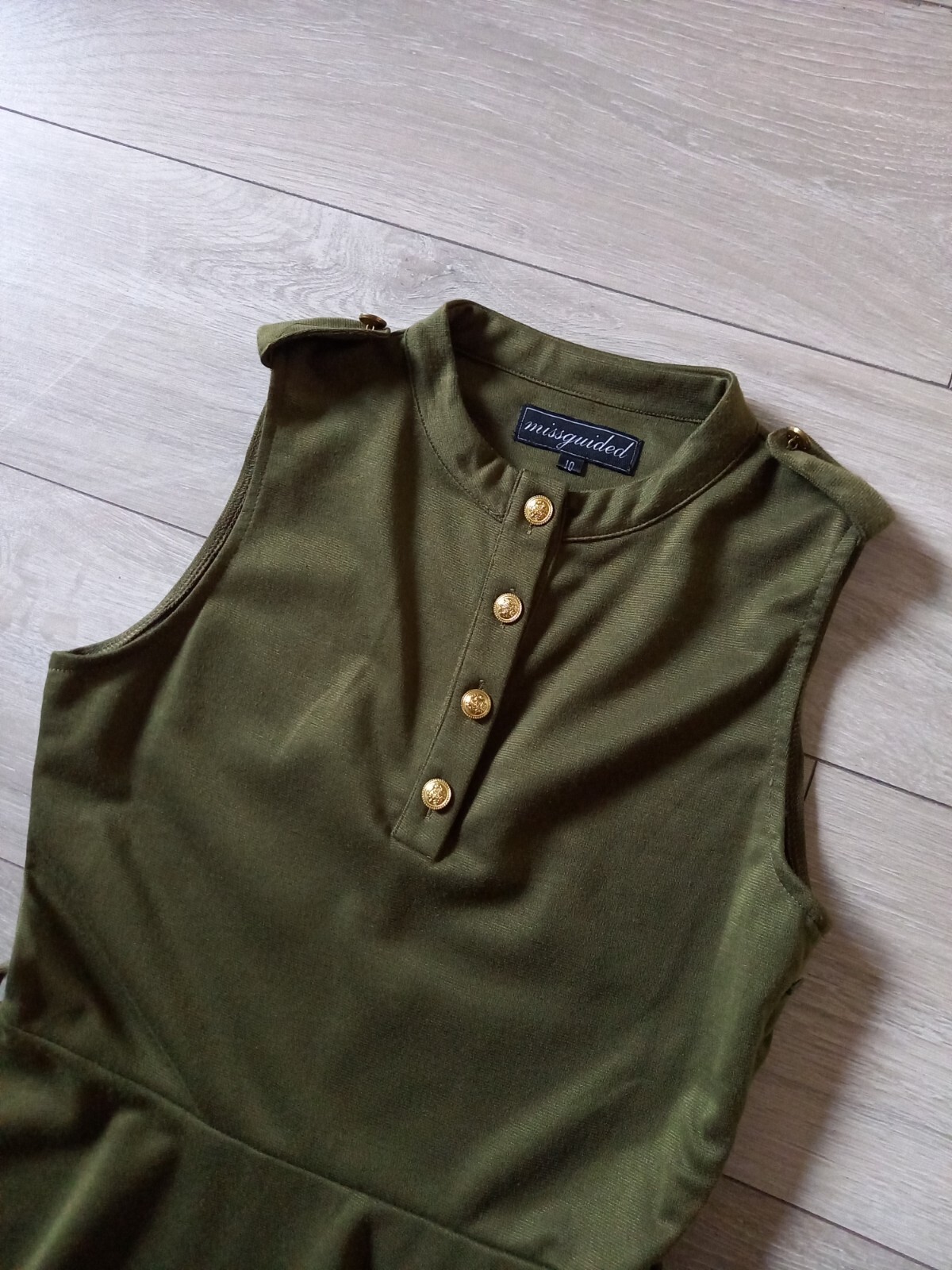 Missguided Khaki Green Stretch Flared Dress Utility Casual Feature Buttons UK10