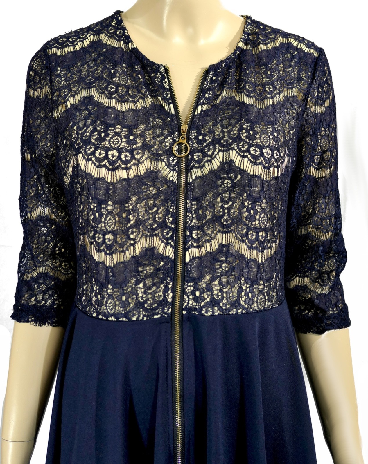 NWT Navy Crochet Lace Zipper Front Measeor A Line Sheath Dress L