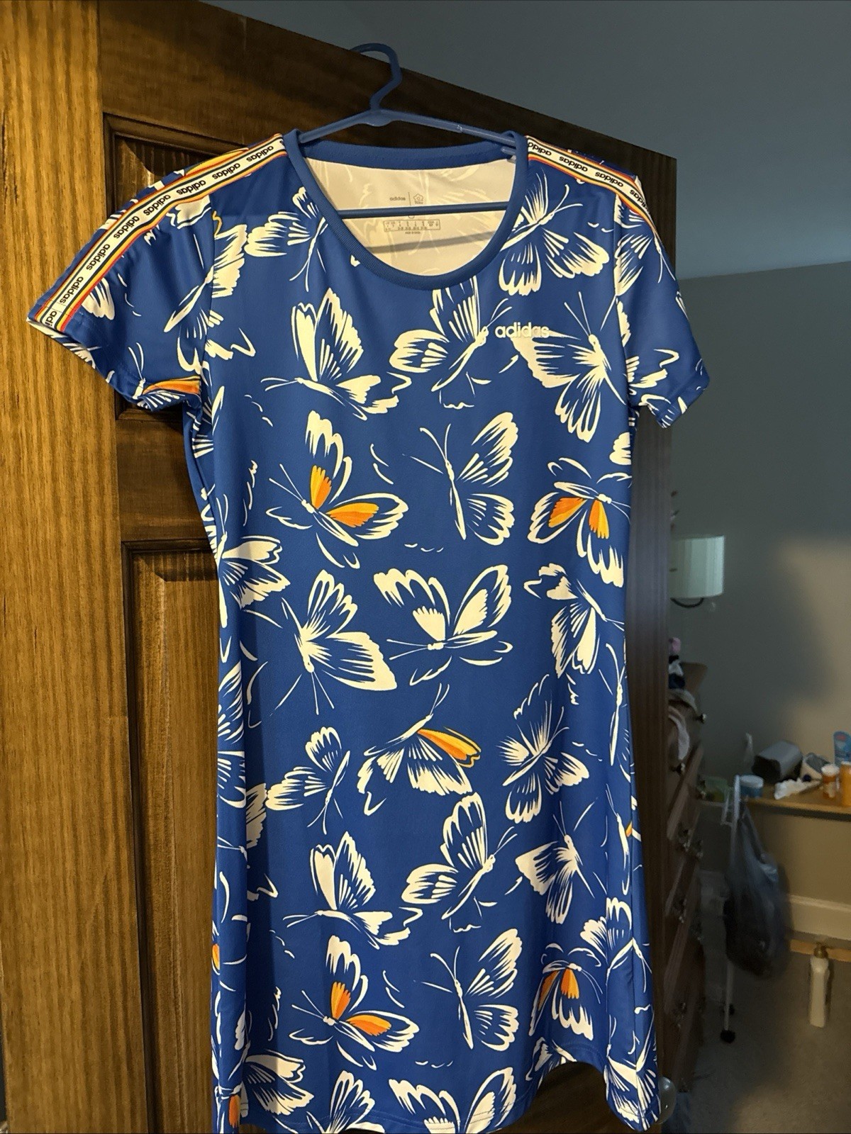 Adidas X FARM Rio Butterfly Print Athletic Dress Blue White Womens Size S B03