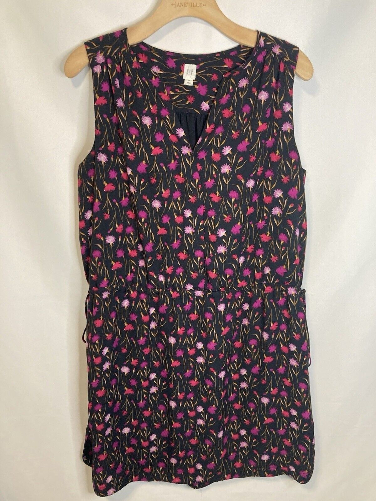 GAP Mini Dress M Drawstring Waist Black Pink Ditsy Floral Fairy Sleeveless Boho