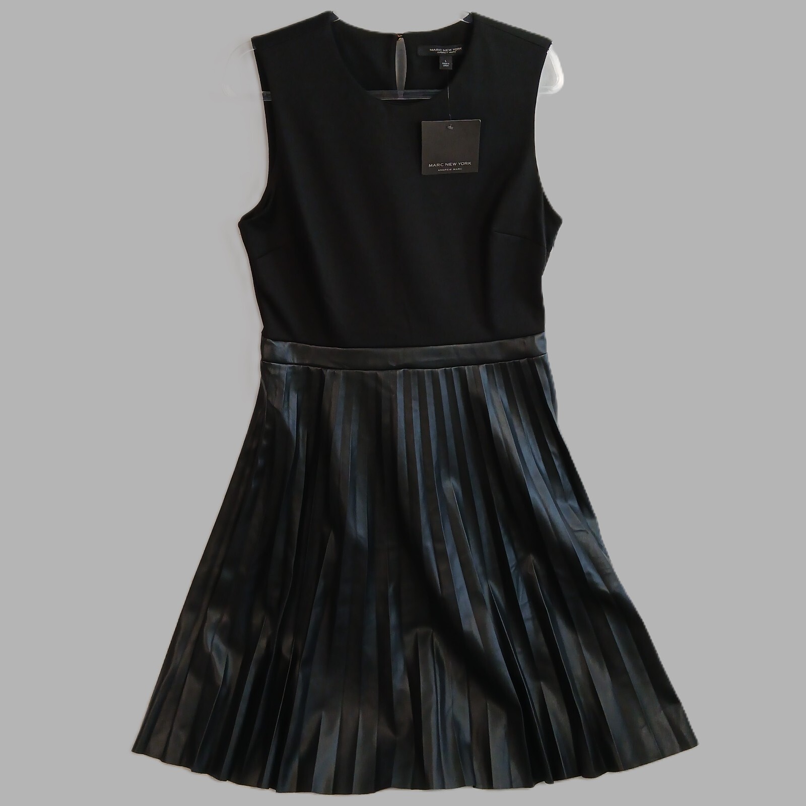 Marc New York Mixed Media Faux Leather Fit & Flare Midi Dress Size L Black NWT