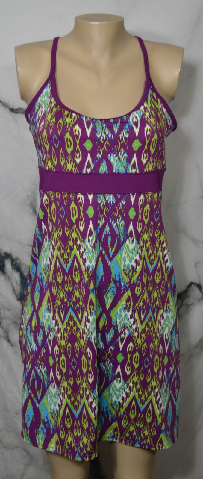 LOLA Purple Green Blue White Patterned Tank Dress Medium Shelf Bra Stretch Poly