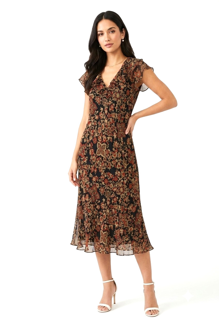 Jones New York 100% Silk Floral Midi Dress Ruched Neckline Lined sz 14 Brown Tan