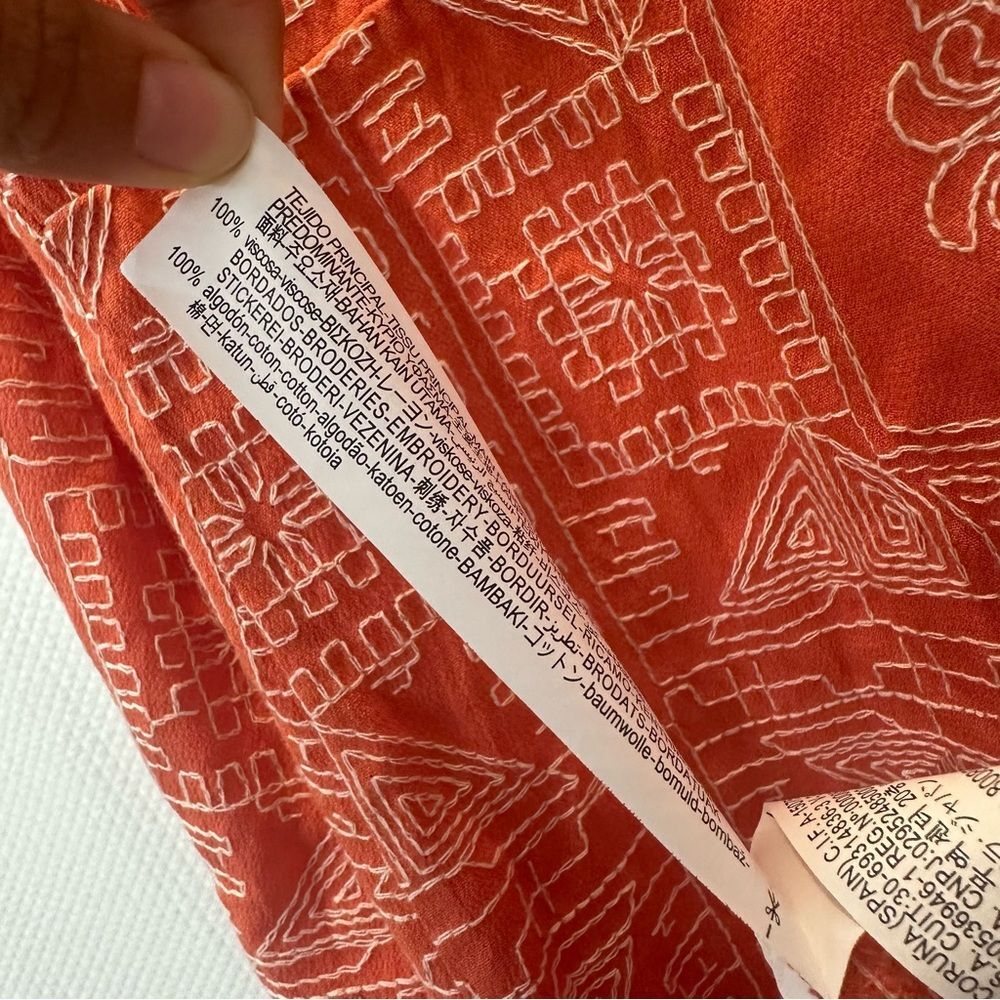 Zara Tunic Maxi Dress All Over Embroidered Pattern Orange Size L