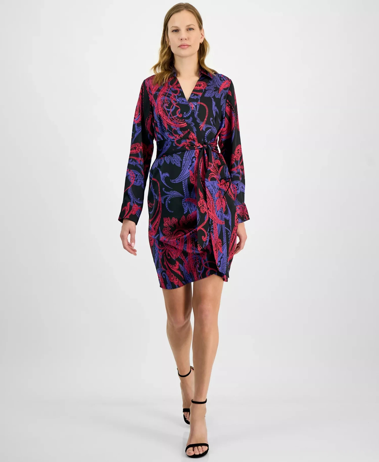Tahari ASL Printed Faux-Wrap Dress Women’s 8 Black/Cobalt Side Zip Closure L/S
