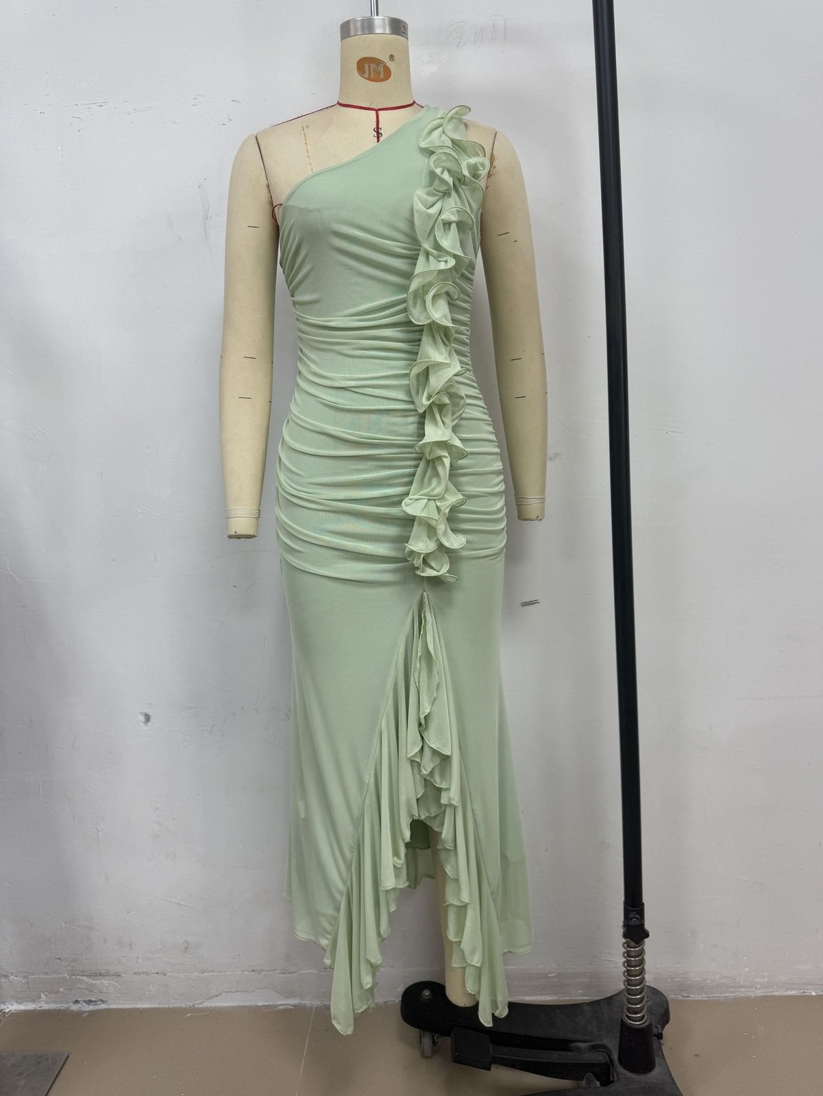 Romantic Sage Ruffled One-Shoulder Dress