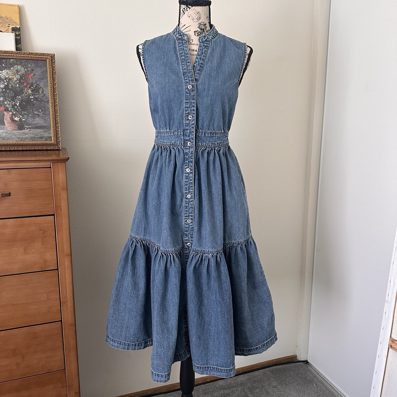 ON:34TH Denim Tiered Midi Dress | Blue Sleeveless Button Front | Size S
