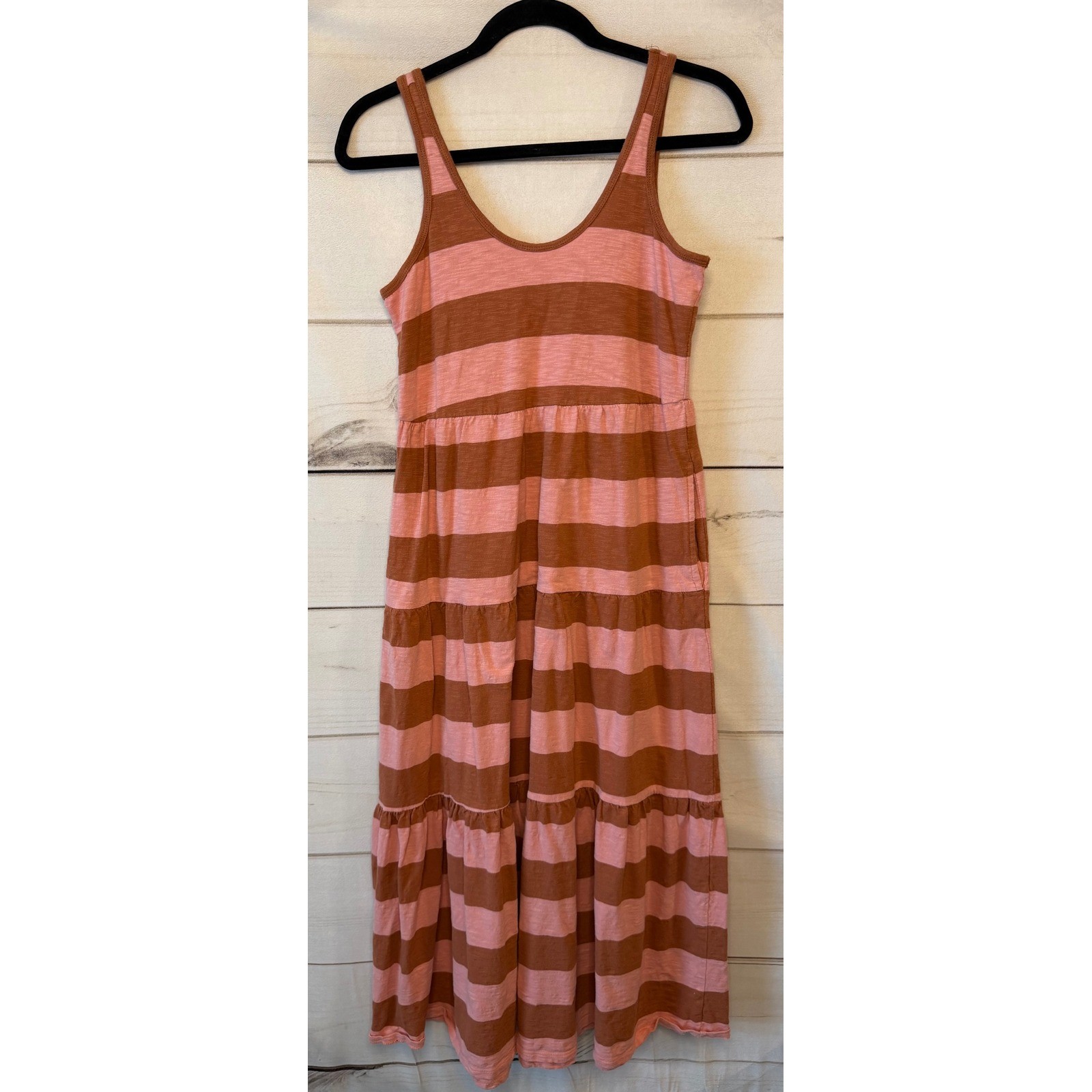 Marine Layer Pink Brown Striped Tiered Cotton Midi Dress 15121 XS Summer 2022