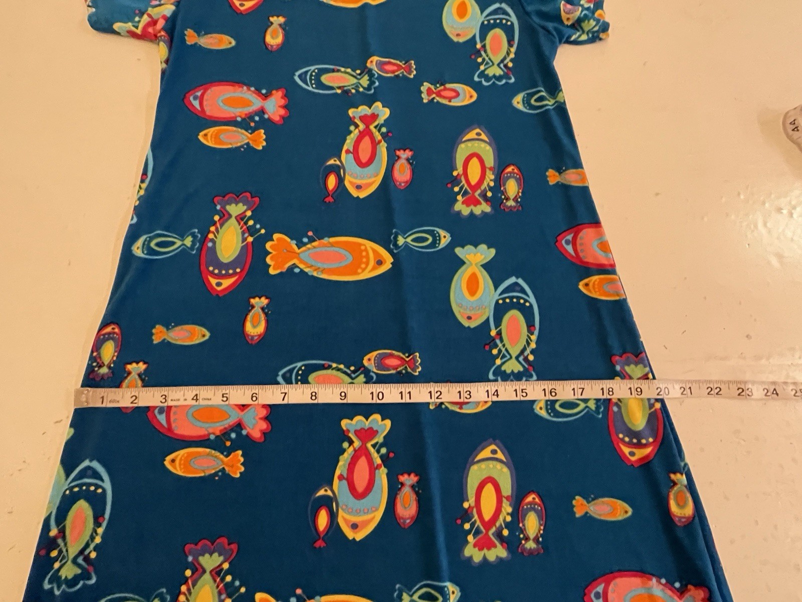 Vintage MaxiMa Blue Fish Print Maxi Dress Size S Colorful Artsy Stretch Knit
