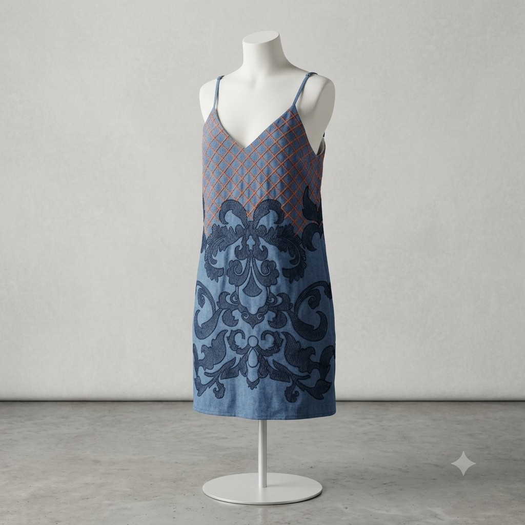 Alya Chambray Dress S Sundress Spaghetti String Denim Blue Embroidered Orange
