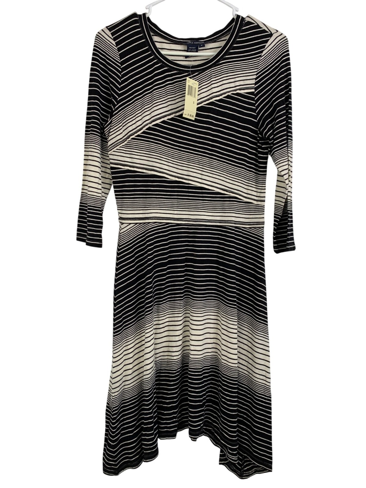 Black White Striped Fit & Flare Dress Max Edition 3/4 Sleeves Asym Hem Small