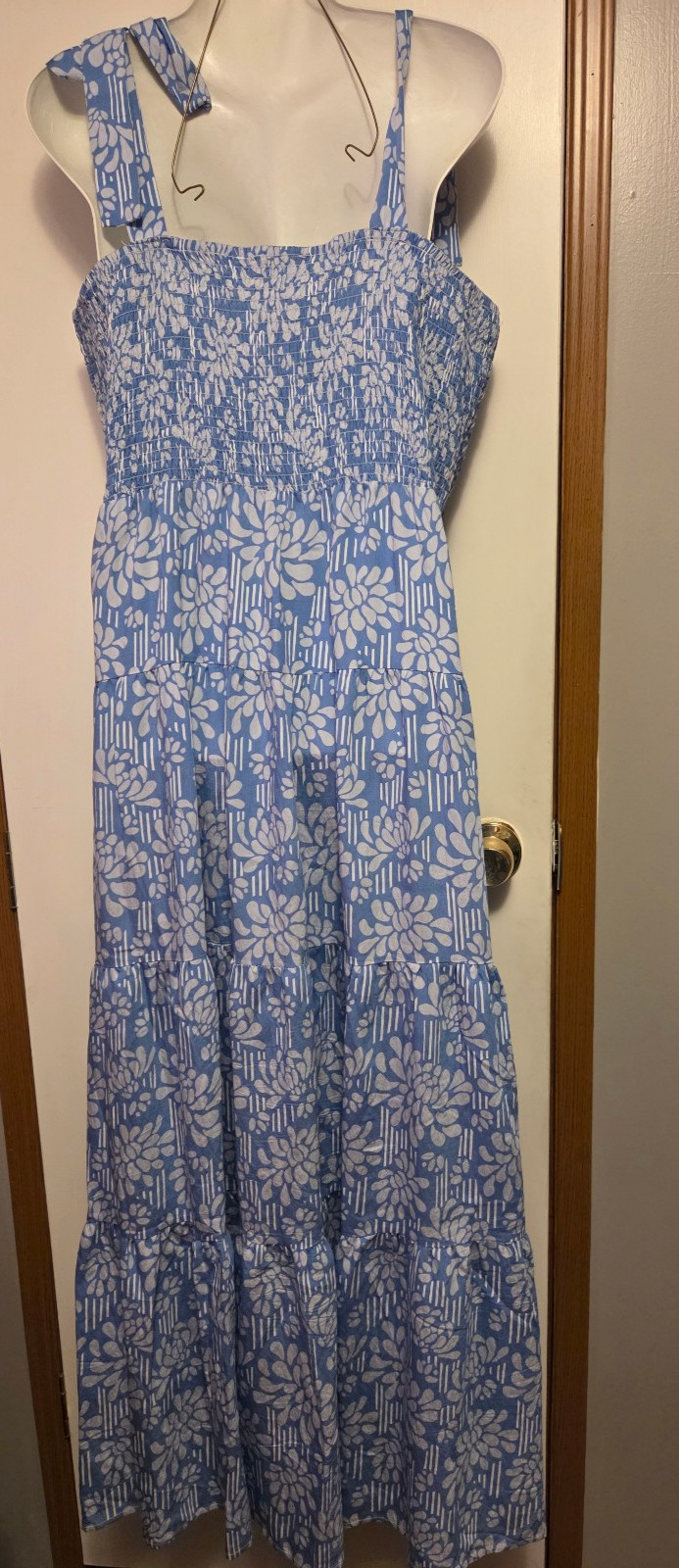 Michelle McDowell Dress Womens Blue Floral A Line Tiered Maxi Sundress Large
