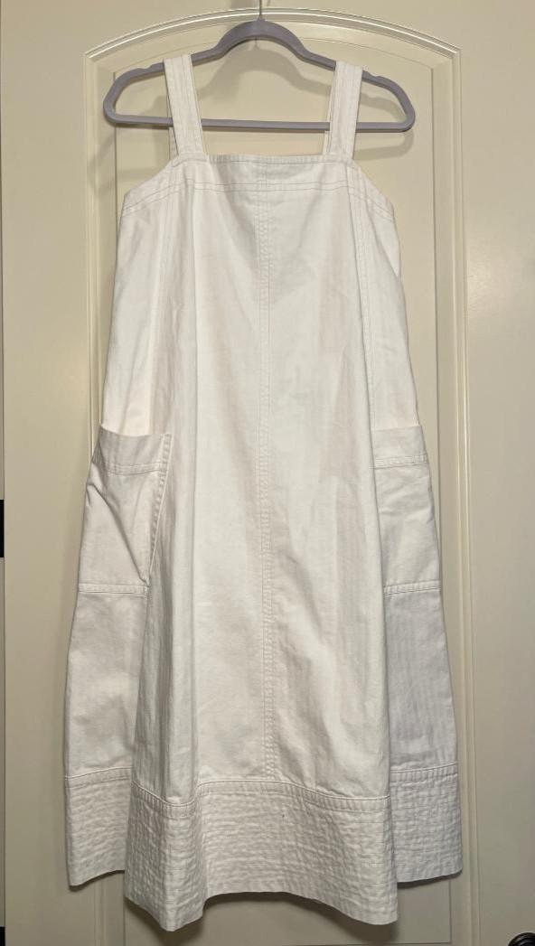 Everlane Womens Ivory Denim Organic Cotton Strap Flare Dress/Pockets/Wide Sash S