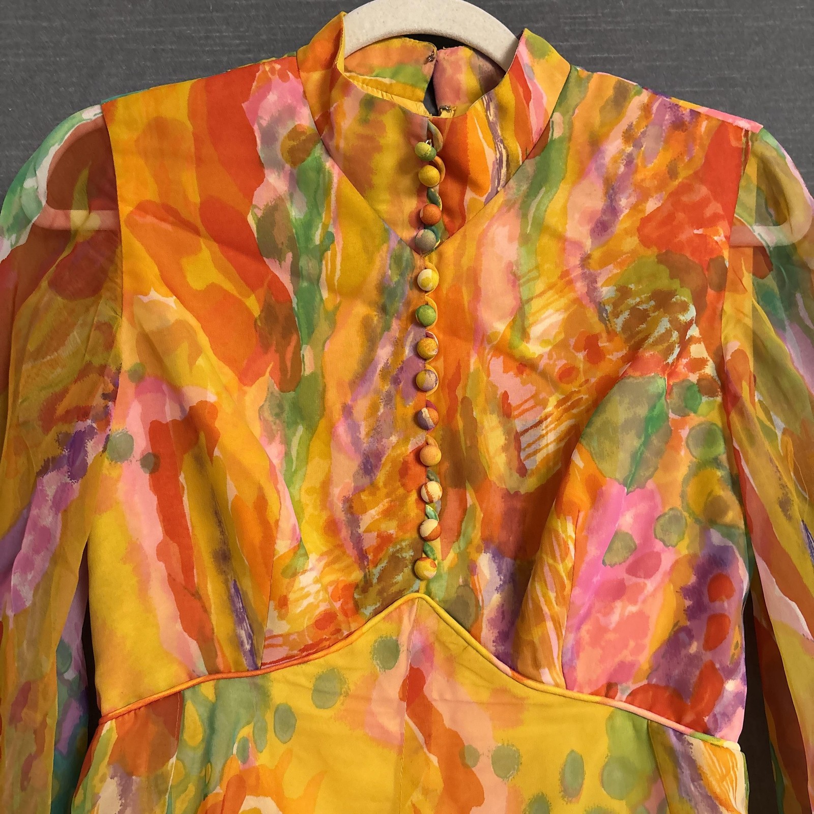 Vintage Jack Bryan Dress XS 70s Watercolor Chiffon Maxi Hostess Gown Psychedelic
