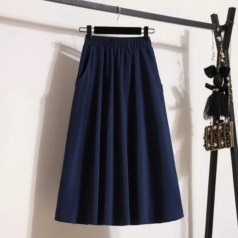 Elastic Waist High Waist Medium Skirt Slimming Solid Color Large Size Multifunct