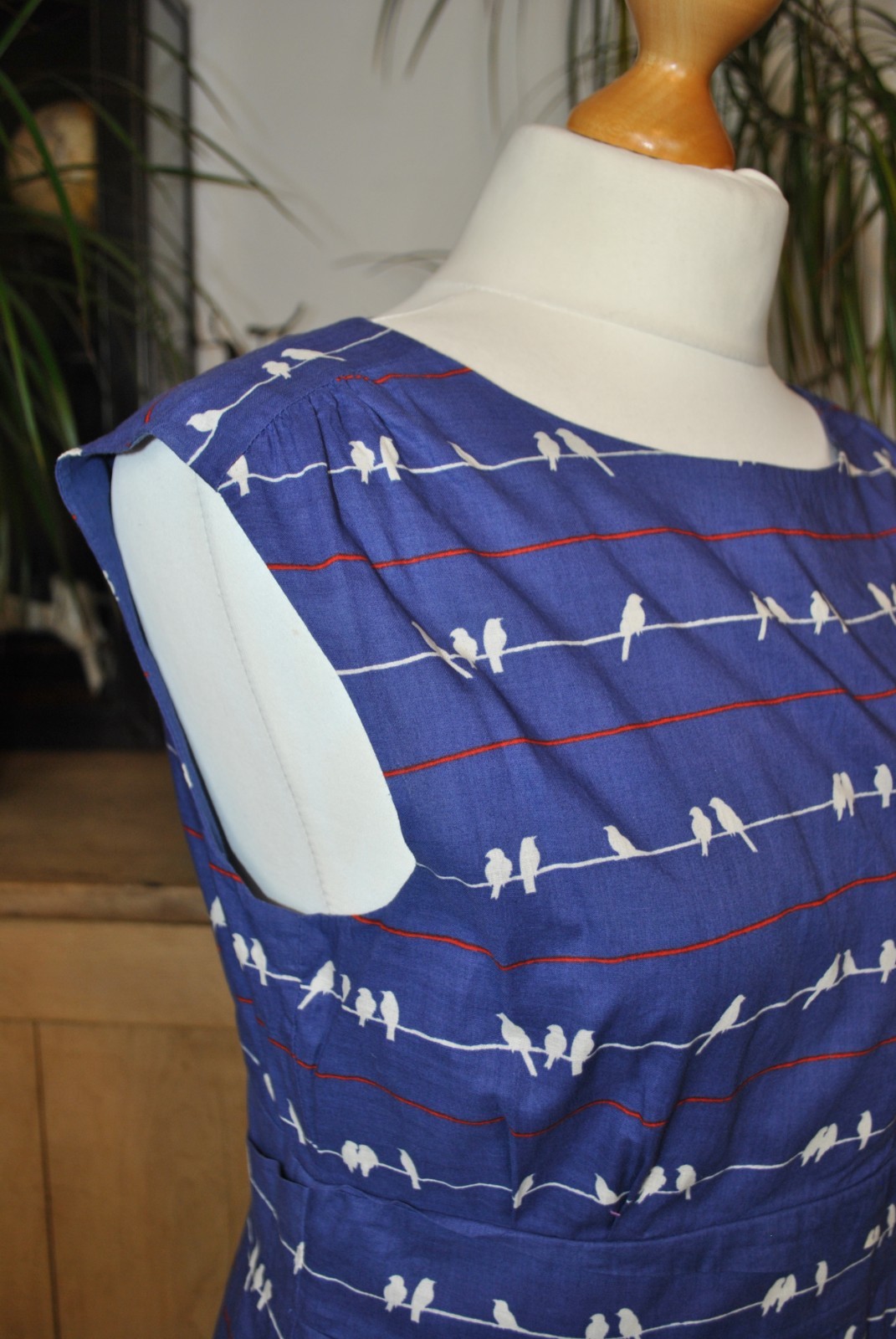 Poem by Oliver Bonas Blue Bird Print Cotton Sleeveless Fit & Flare Dress Size 12