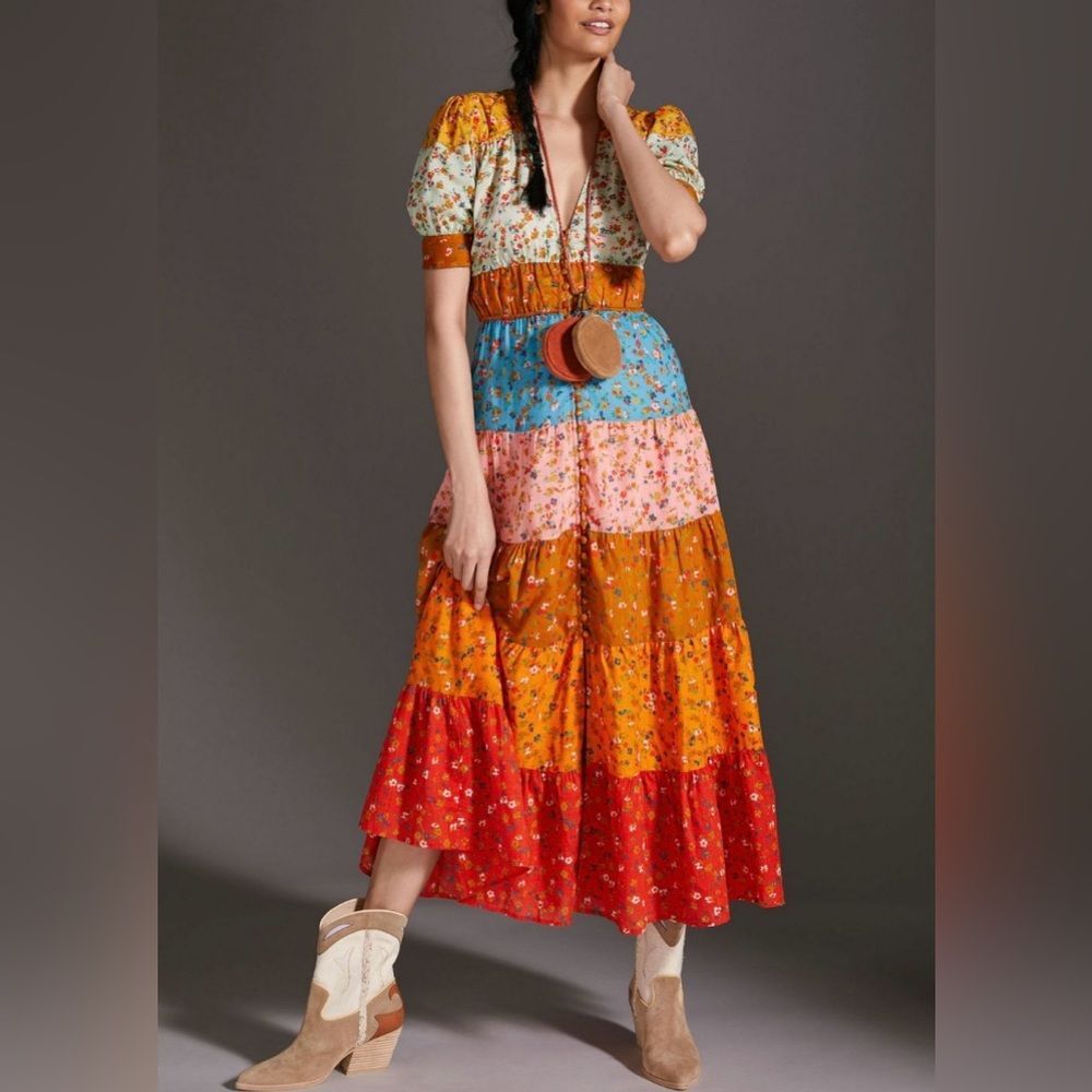 Anthropologie Tiered and True Floral Cottage Maxi Dress 100% Cotton – S