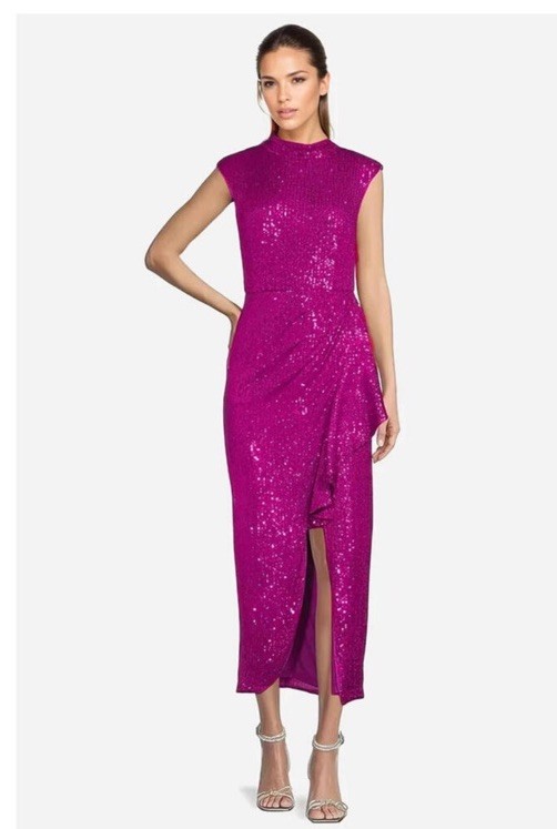 NWT Badgley Mischka Dress Size 12 Sequin Isla Cocktail Dress Pink Fuchsia Prom