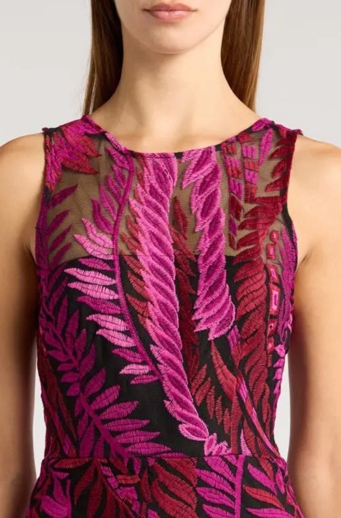 SAM EDELMAN Laurel Leaf Embroidered Midi Dress Sz 12 Pink Red Black Sleeveless