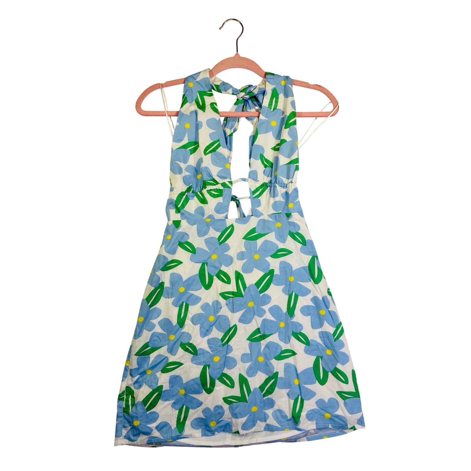 NWT Cotton Candy LA Blue Floral Halter Mini Dress Cutout Open Back Womens Large