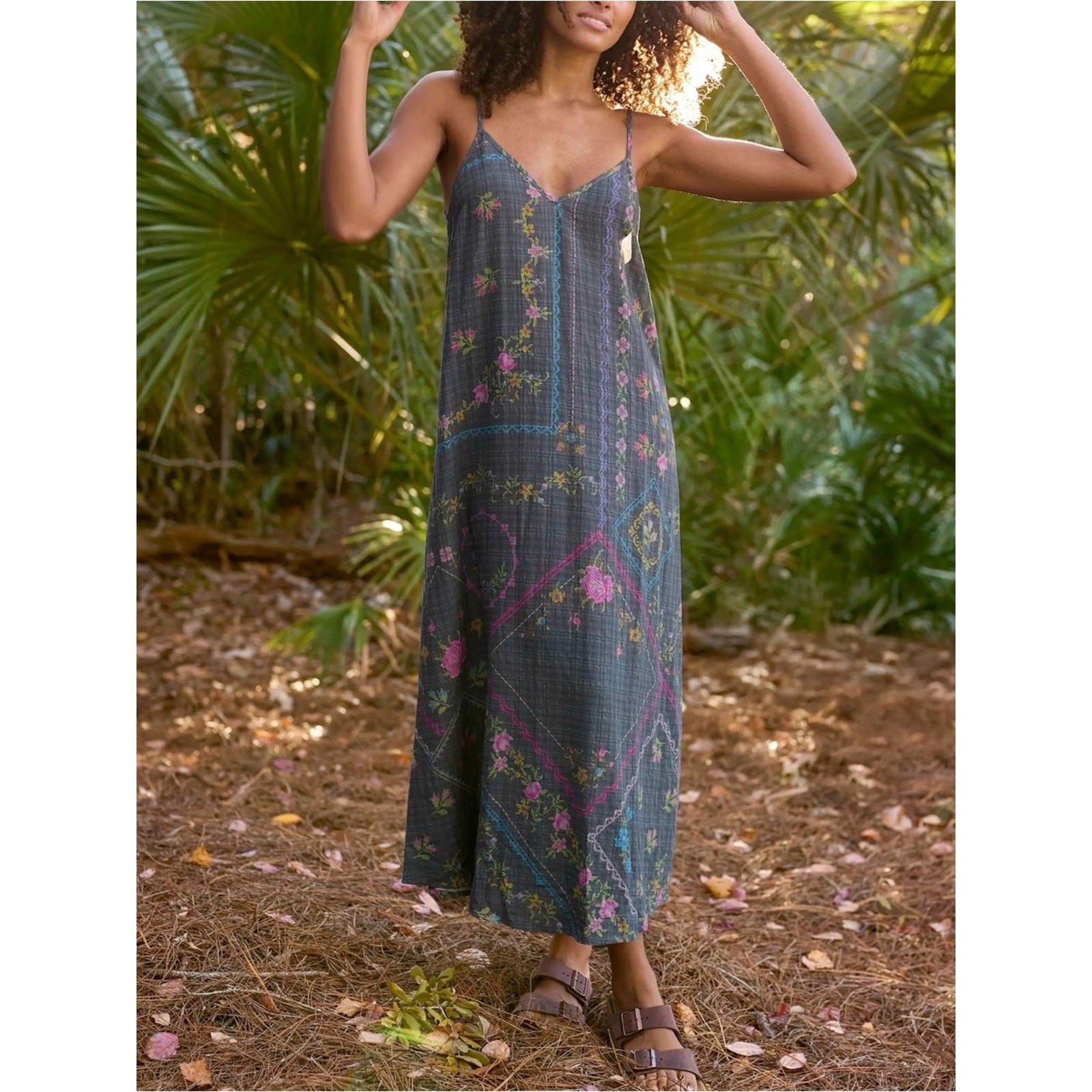 Natural Life Gracie Slip Maxi Dress Heirloom Cross Stitch Charcoal XS NWT Boho