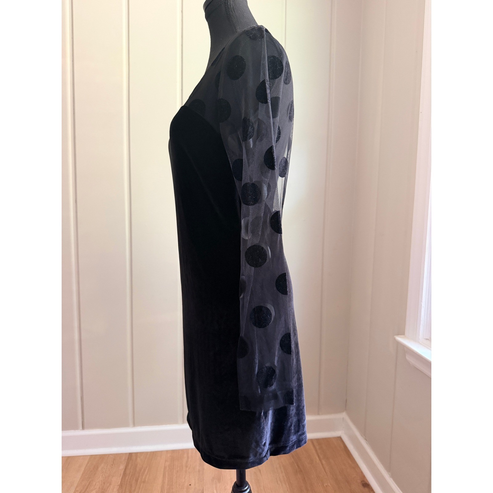 BCBGeneration Black Velvet Sheer Polka Dot Long Sleeve Mini Dress XS