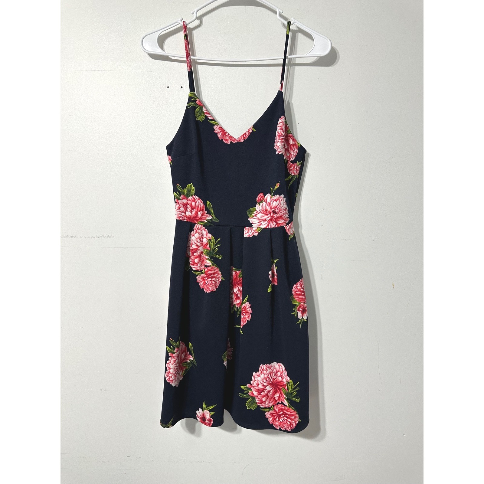 Monteau Fit and Flare Dress Womens Navy Pink Floral Peony V-Neck