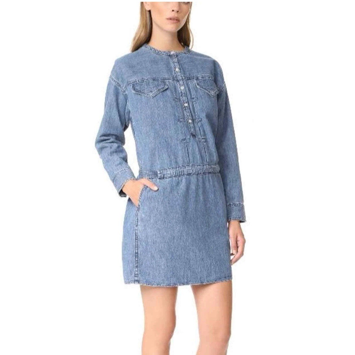 Rag & Bone Chest Pocket Blue Jean Denim Shirtdress Size Medium Pearl Snap