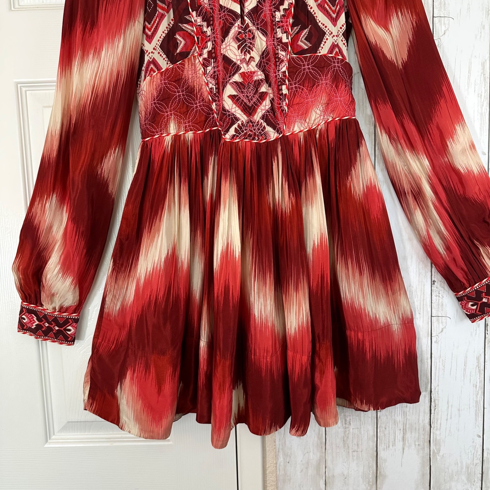 Farm Rio Ikat Boho Quilted Embroidery Puff Sleeve Mini Dress Size S Festival 70s