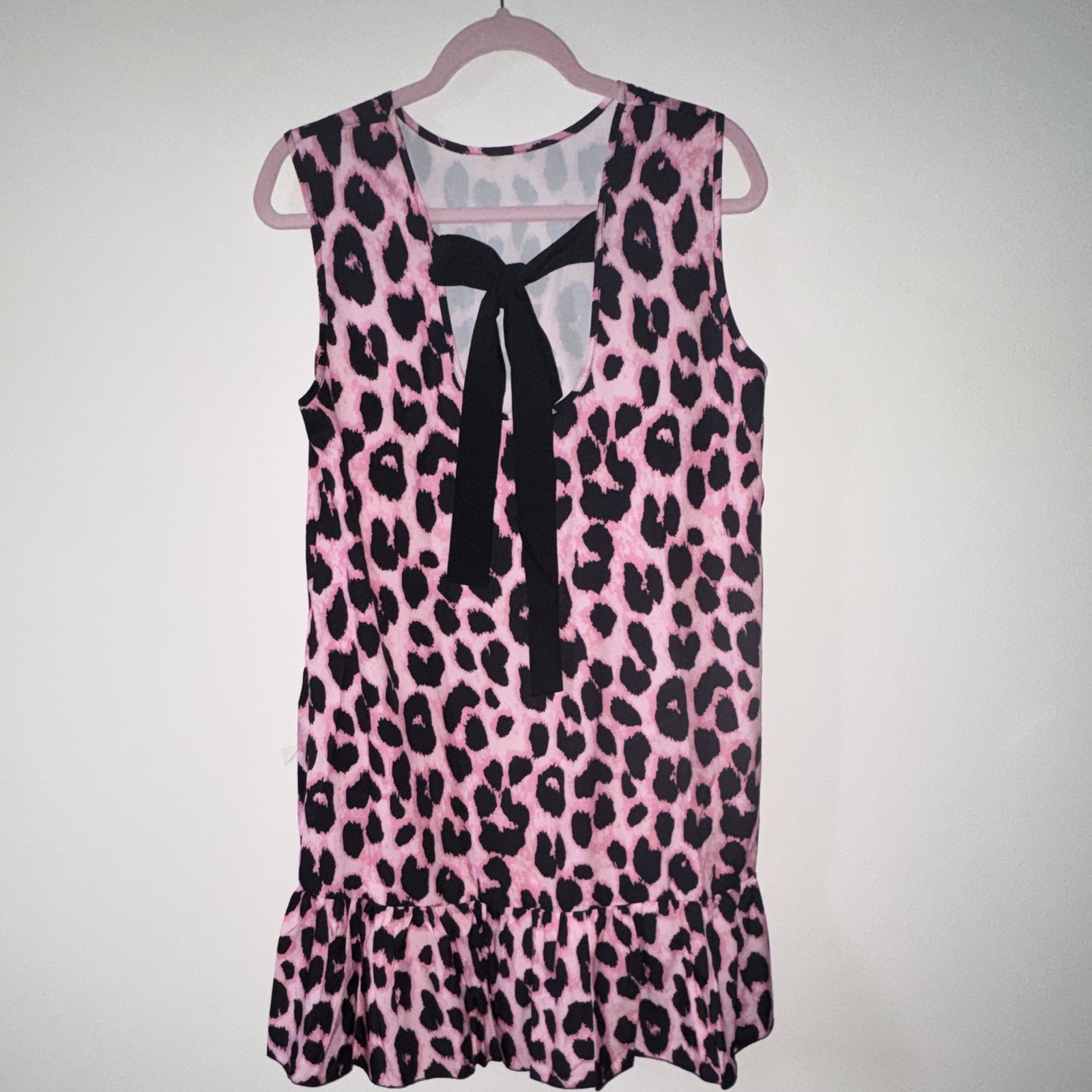 Women’s Pink/Black Leopard Animal Print Round Neck Sleeveless Mini Dress Bow L