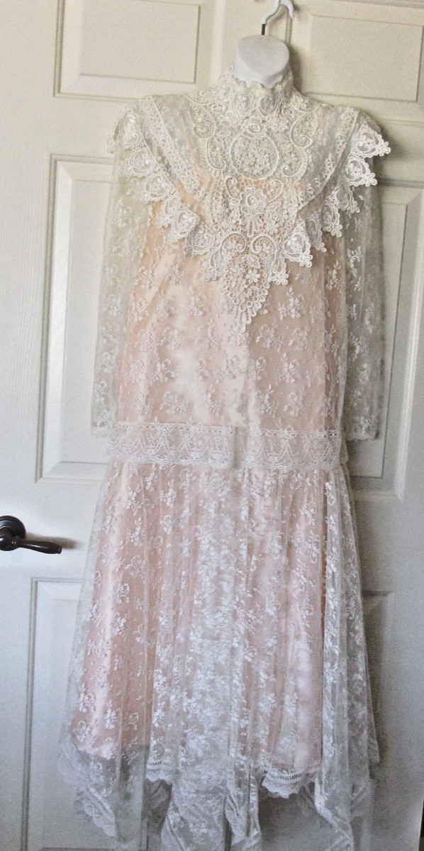 Jessica McClintock Dress Womens 10 White Lace Victorian Gunne Sax Drop Waist USA
