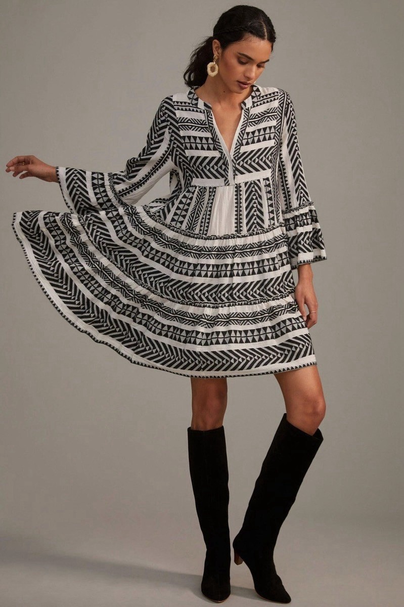 Devotion Twins Ella Black & Off White 100% Cotton Tiered Tunic Dress, Sz XS