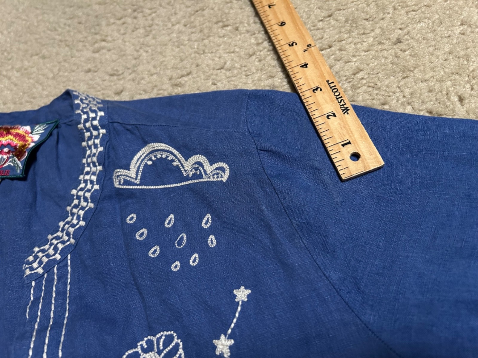 JOHNNY WAS Sovanna Blue Embroidered LINEN Bishop Tunic Dress LARGE popover
