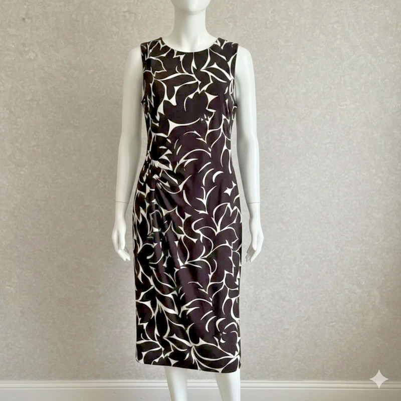 Phase Eight 10 Dress Brown Mix Stretch Polyester Elastane Lined No Sleeve Pleats