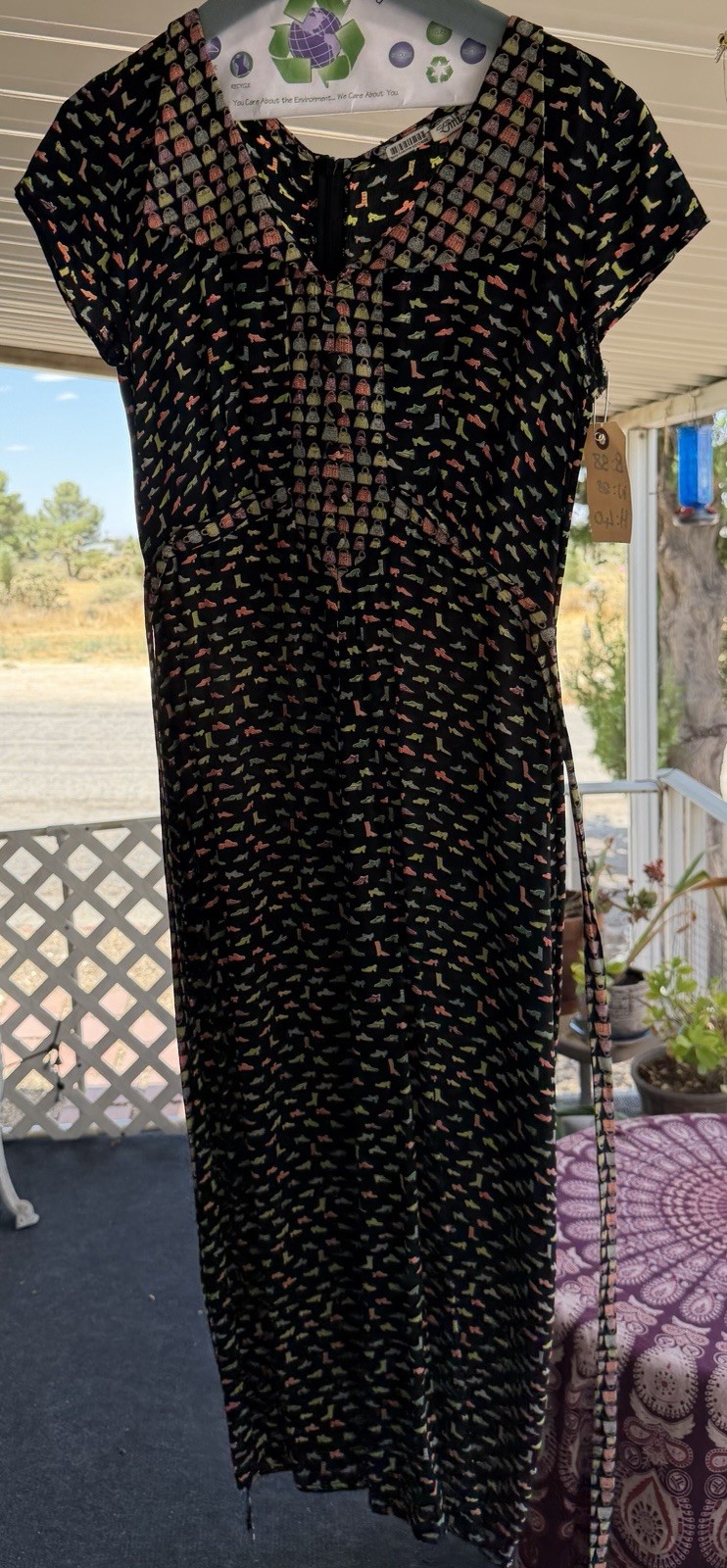 Vintage 90s Amica Novelty Print Dress Maxi Shoes Handbags Short Sleeve Black