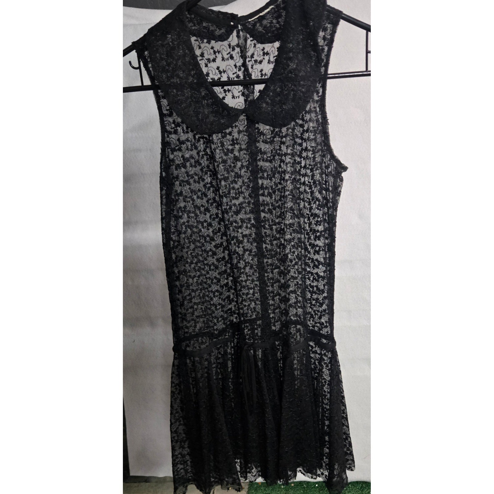 Black Floral Lace Sheer Sleeveless Drop Waist Dress with Peter Pan Collar Gothic