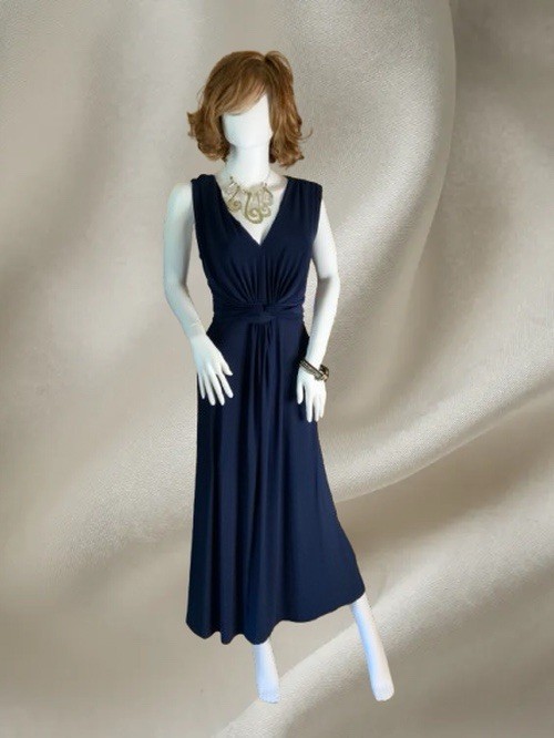 Ulla Popken Navy Blue Maxi Dress EU 52 US 20/22 V-Neck Knot Front Stretch