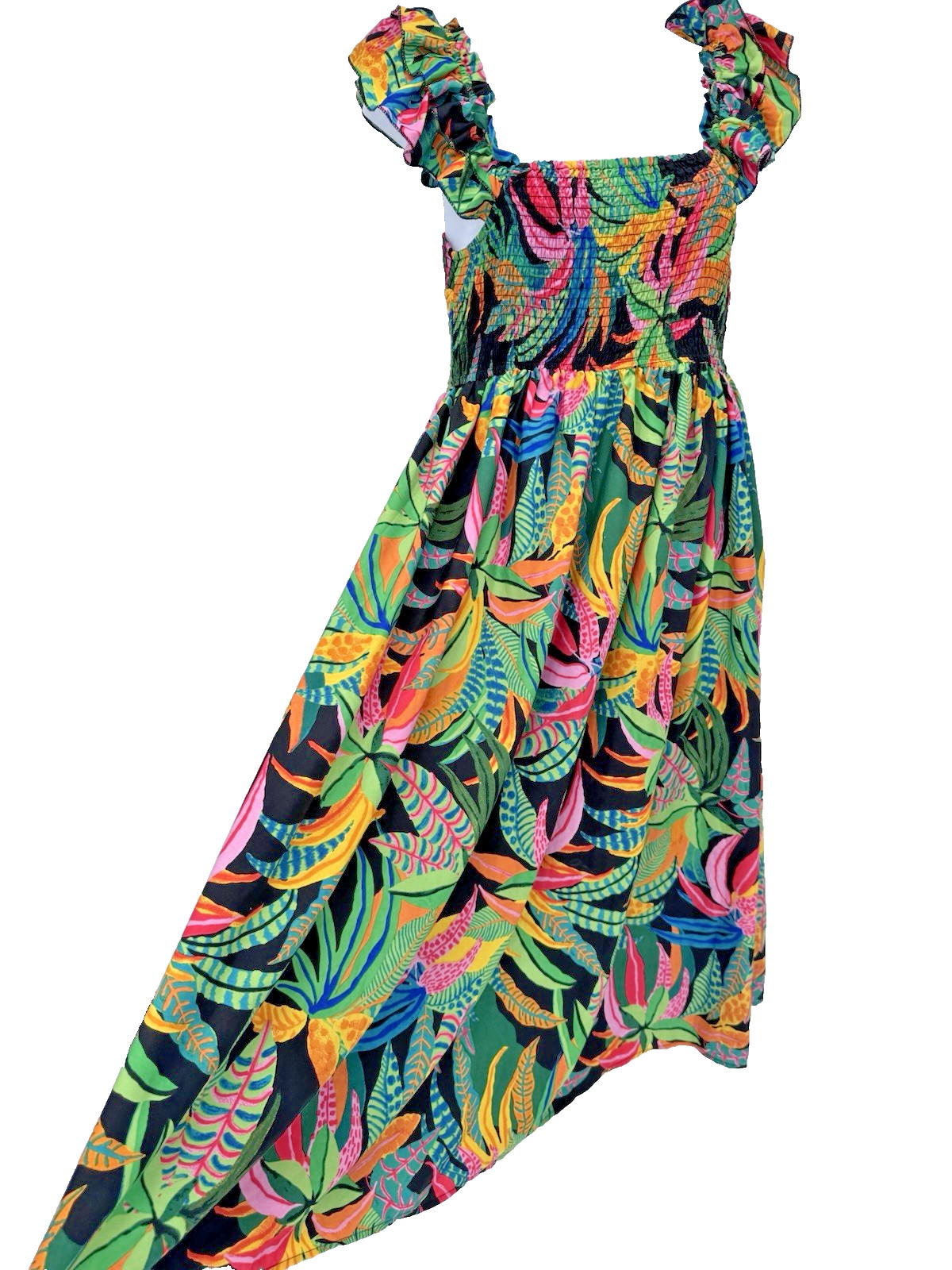 Multicolor Smocked Ruffle Maxi Dress Tropical Beach Vacation resort ptp 26in 2X